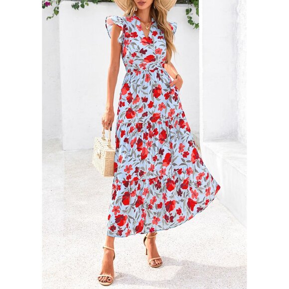 Women's Floral Midi Dress Summer Boho V Neck Cap Sleeve Ruffle Beach - Picture 8 of 8